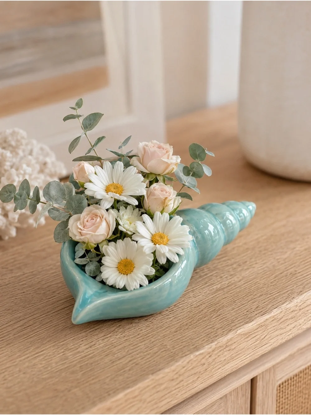 Seafoam Turquoise Ceramic Conch Shell Tea Light Candle Holder Coastal Décor